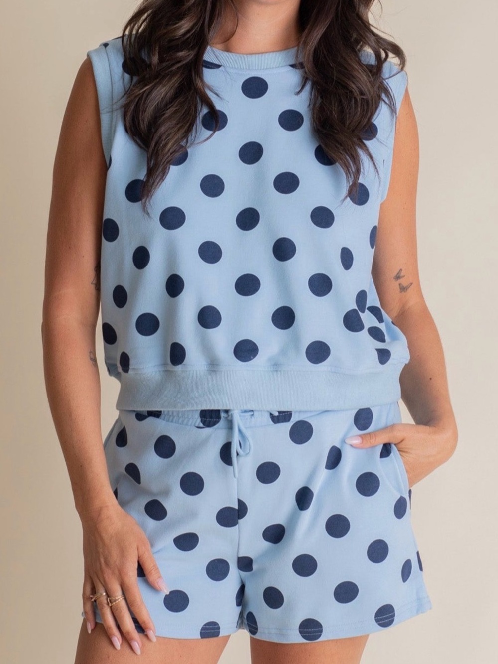 Veveret Polka Dot Sleeveless Set in Light Blue and Navy